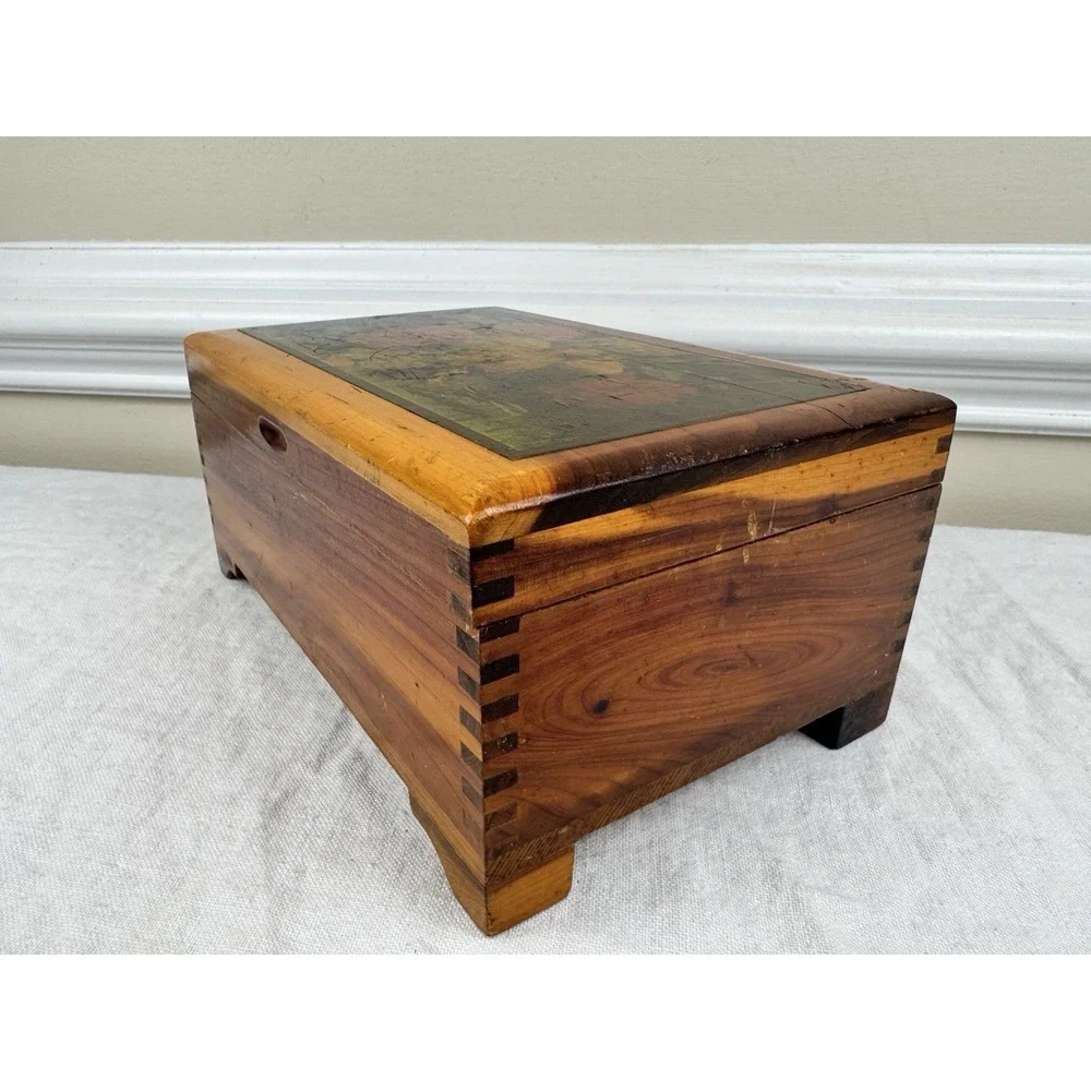 Vintage Cedar Wood Jewelry Box Floral Bird Lithograph Finger Jointed Chest